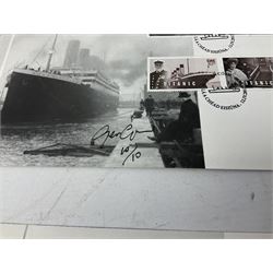 Titanic cover with Canadian cancellation signed David Haisman and cover with Queenstown cancellation signed by stamp designer, book signed David Haisman, two Titanic covers and book signed David Haisman, Titanic Facsimile postcard signed David Haisman and cover with Alderney cancellation signed by stamp designer, Biography of Edith Brown signed David Haisman (9)