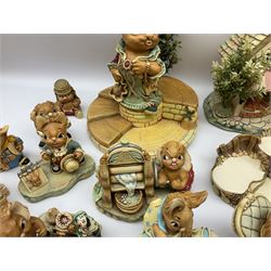 Extensive collection of Pendelfin rabbits and stands, to include Betsy Barge, Fruit Shop, Uncle Soames, Event Piece etc, many with original boxes 