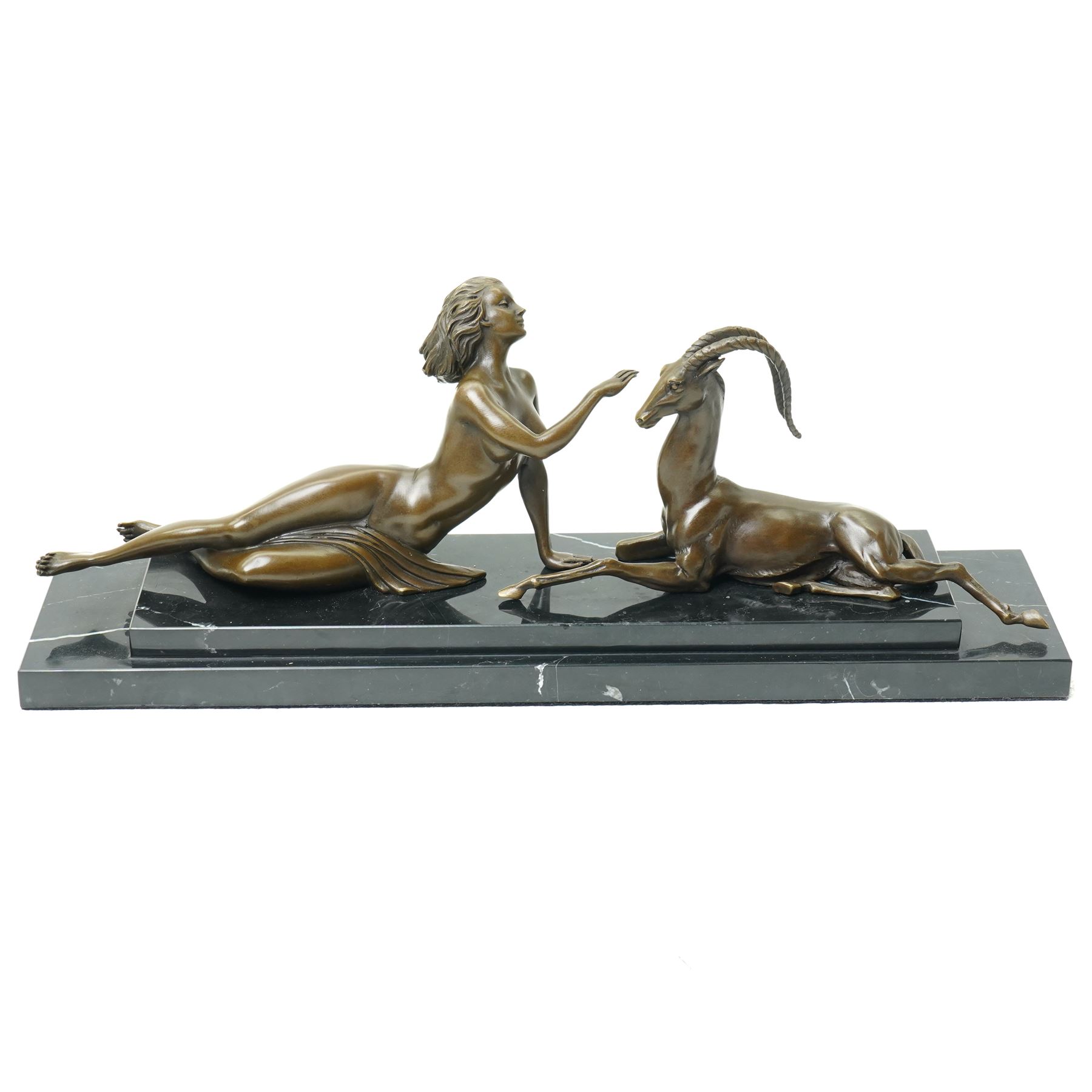 After Pierre Le Faguays (French 1892-1962): 'The Seduction' - Diana with Gazelle, bronze signed Milo, on two tier base, overall W48cm 