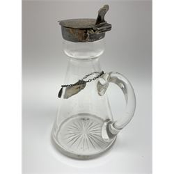 Edwardian silver mounted whisky noggin, of tapering cylindrical form with hinged flat cover, H12cm, together with a silver whisky label, each hallmarked H B Johnson & Co, London, whisky noggin dated 1906, label 1910