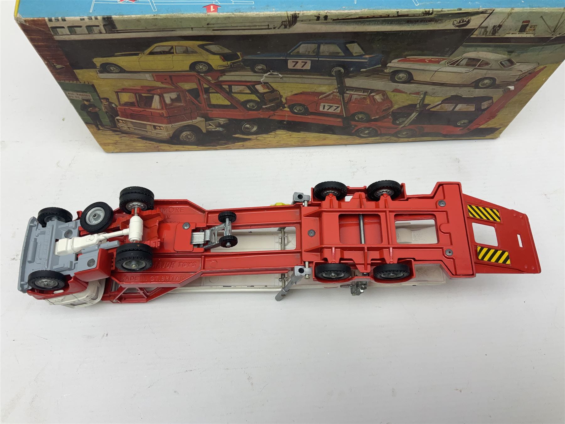 Corgi - Gift Set no.41 comprising Carrimore Mark Iv Transporter, Morris Mini-Cooper, BMC Mini-Cooper S, Morris Mini-Minor, Volvo P.1800 and Sunbeam IMP; missing MGC GT car; in original box 