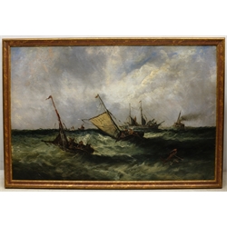 English School (19th century): Shipping in Choppy Seas, oil on board indistinctly signed 39cm x 60cm  