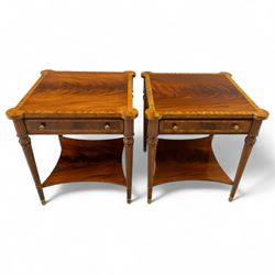 Maitland Smith - Pair of mahogany side tables, the rectangular top with rounded corners, the top edge inlaid with movingui wood, above two under-tier shelves, and frieze drawer, supported on stop-reed and acanthus foliate carved legs united by platform stretcher, raised on brass sabot foot caps