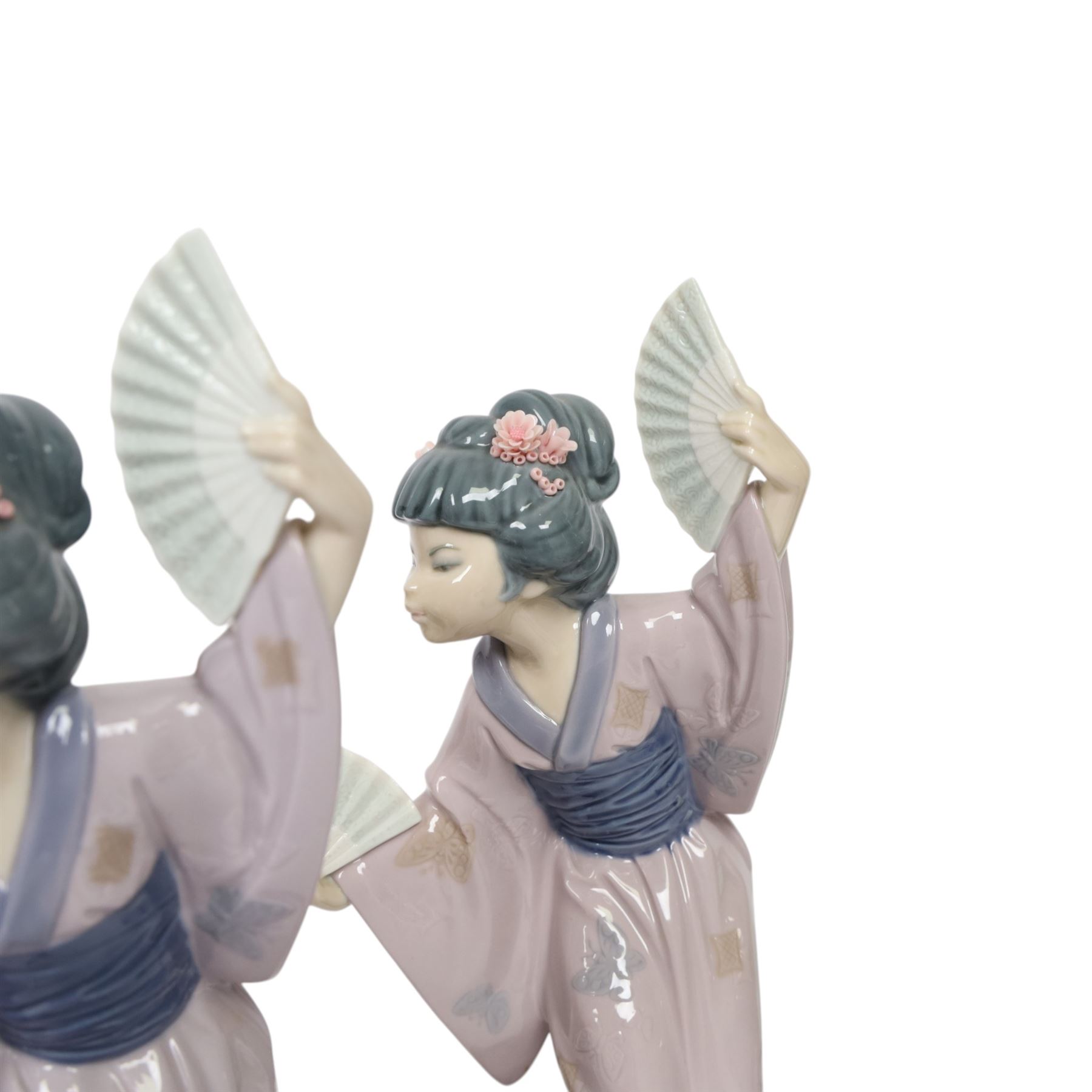 Five Lladro Japanese figures, comprising Oriental Spring no 4988, two Chrysanthemum no. 4990 and two Madame Butterfly no. 4991