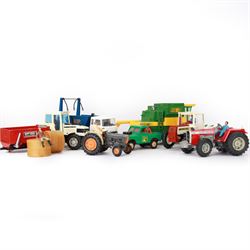 Collection of predominantly late 1970s/early 1980s Britains diecast vehicles and farming equipment, including Corn King, tractors, JCBs, horsebox, skip lorry, etc together with figures and accessories