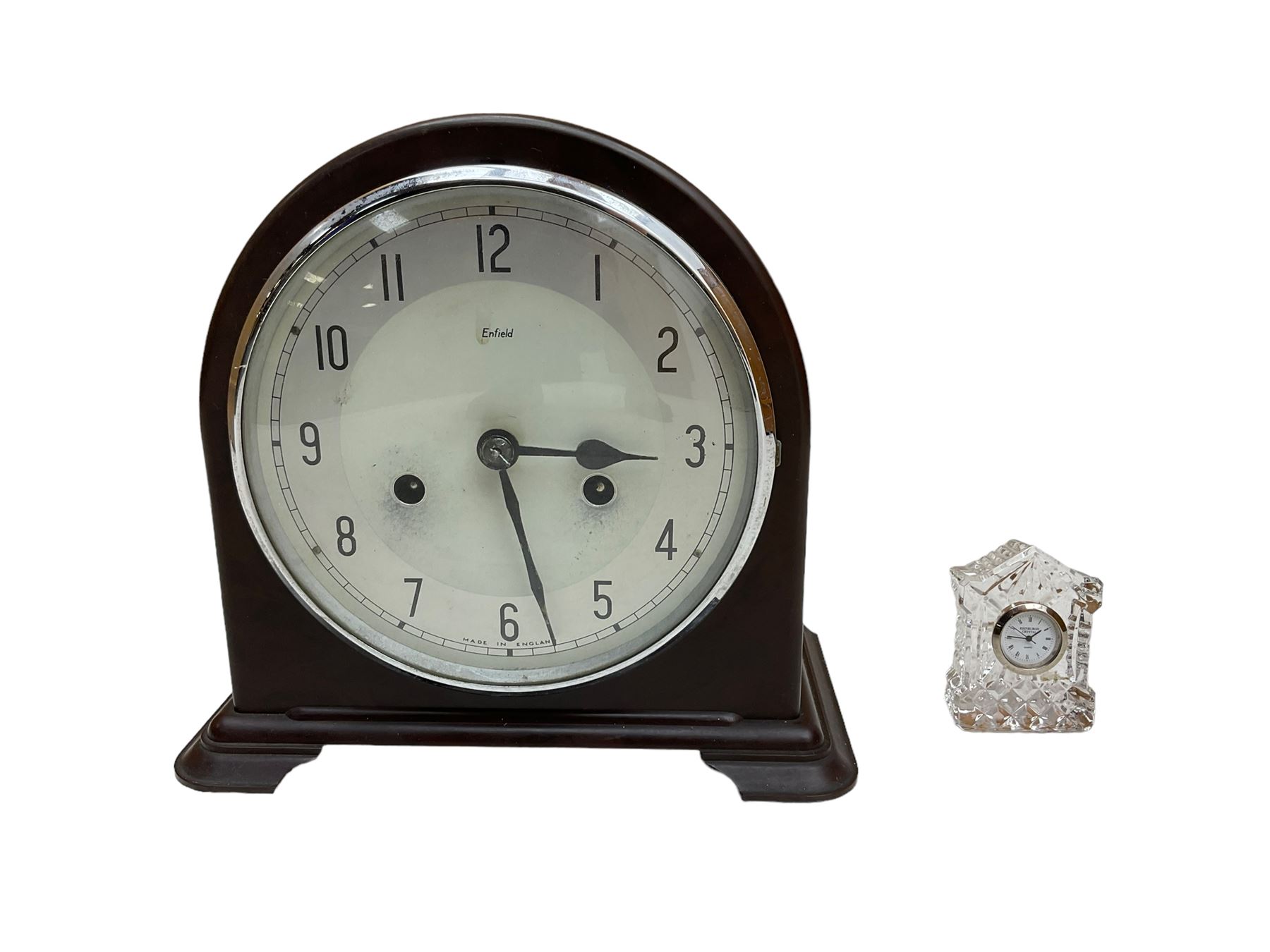 Enfield - 1930’s striking mantle clock in a Bakelite  case, with a small crystal clock with a battery movement.