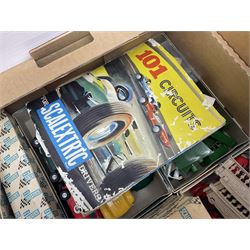 Tri-ang Scalextric - seven cars including pair of Jaguar D Types, pair of Austin Minis, Porsche and BRM racing cars etc; six various controllers and power unit, fencing, banking and bridge pillars, boxed kiosk, quantity of track and paperwork