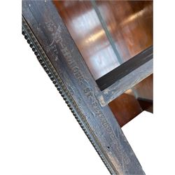 Late 19th century mahogany console or pier table, rectangular green marble top over a break-front frieze inlaid with brass scroll work panels, reed and ribbon gilt metal and wooden beaded applied mouldings, on turned and fluted front supports, plain mirror back over plinth platform base