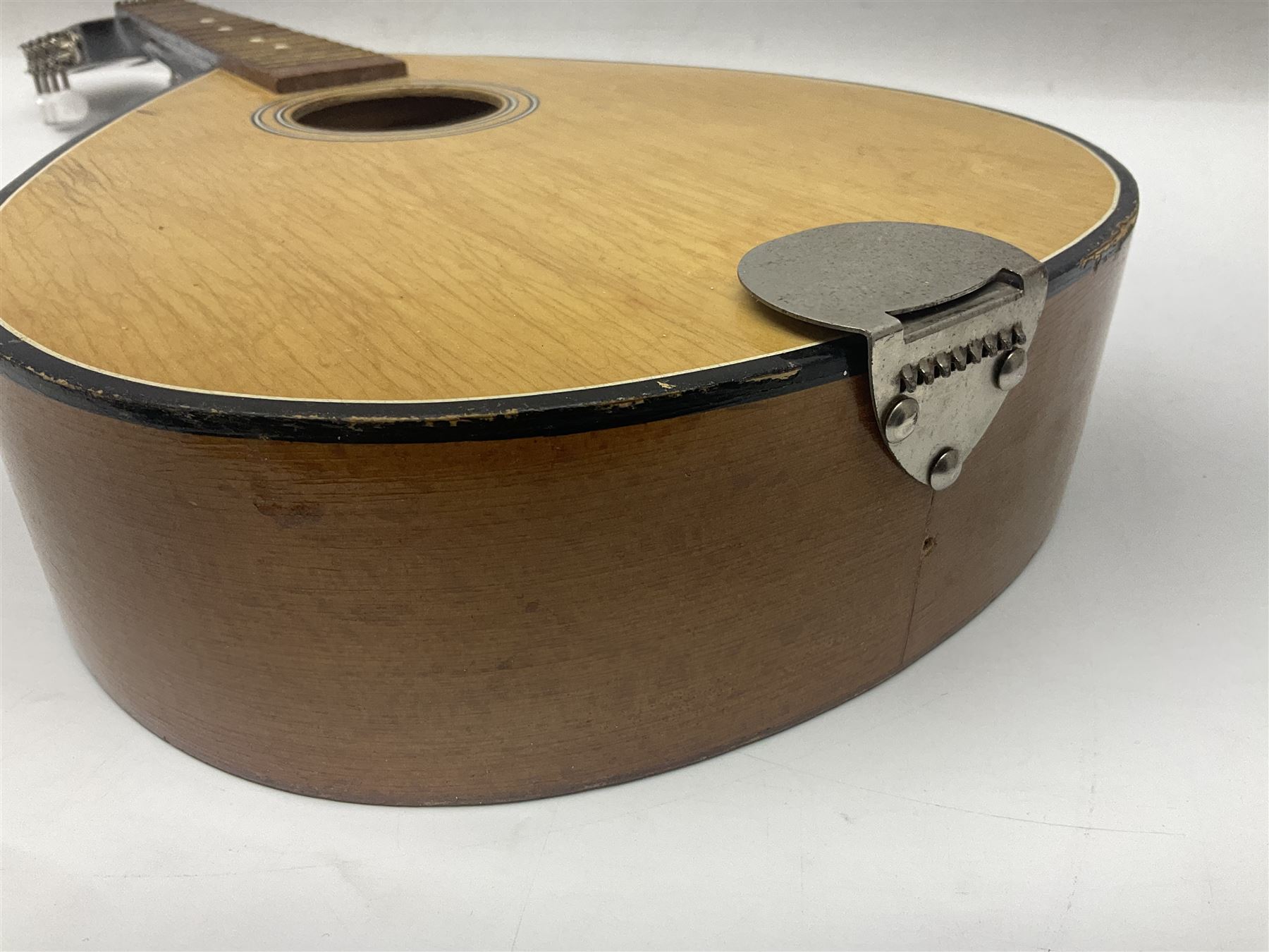 French mandolin with segmented lute back and mother-of-pearl inlaid spruce top; bears label for 'Jerome Thibouville-Lamy & Cie Paris L60cm; and another unmarked flat-back mandolin; both for completion (2)