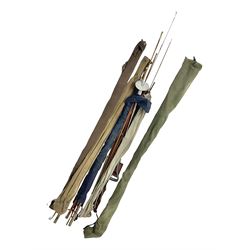 Collection of fishing rods, including some split cane rods, steel rods and examples by ER Craddock, Shakespeare and Daiwa, together with a Gamebird shooting stick, mostly in canvas slip cases