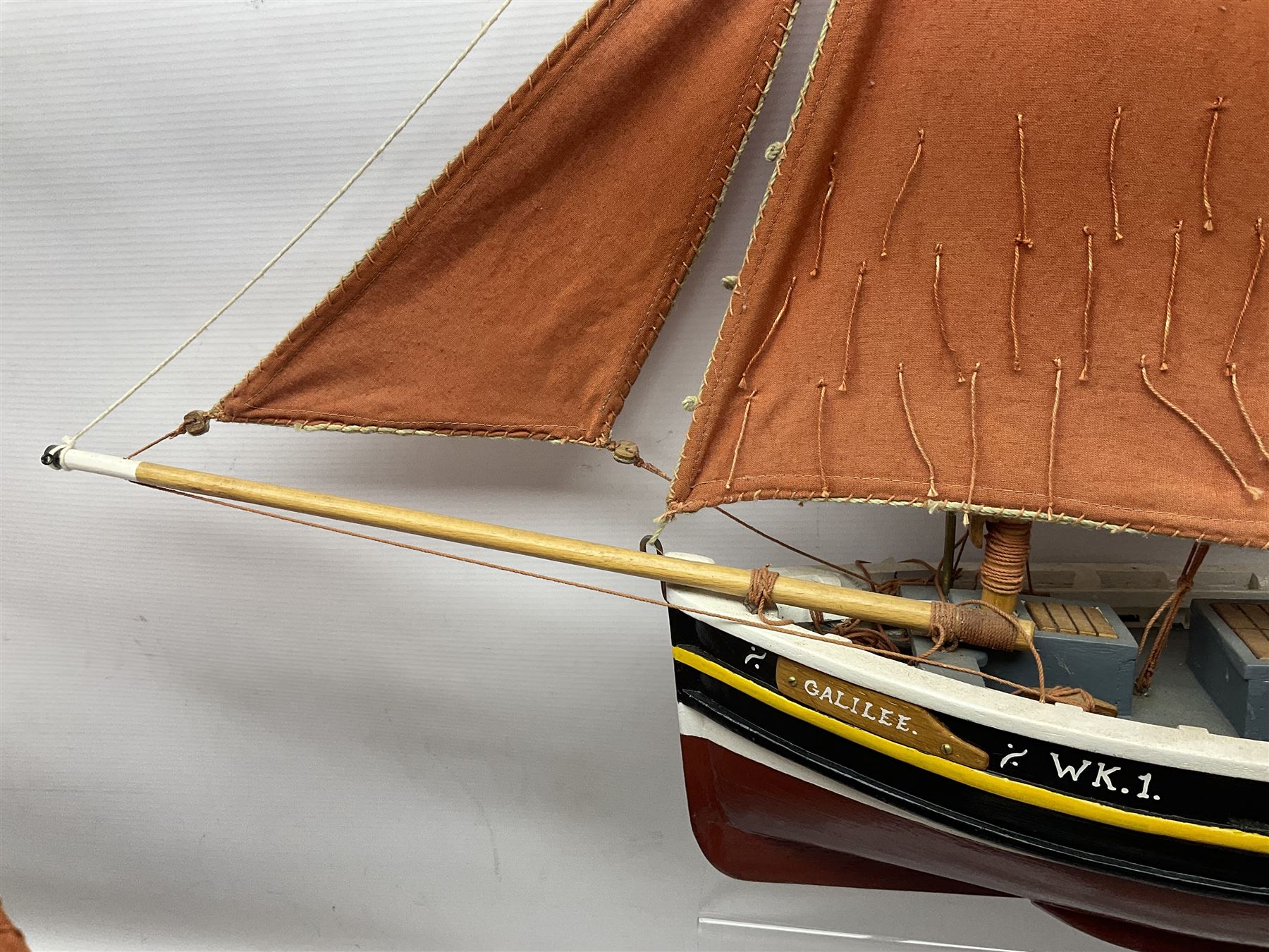 Wooden model of the Peterhead Herring Fishing Boat, Love Divine, PD404. on stand together with Wick Herring Fishing Boat, Galilee WK.1. on stand, L105cm, H64cm