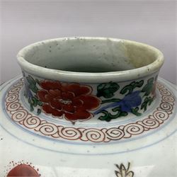 19th century Chinese Wucai vase and cover, decorated  with peacock on blue rockwork and other birds flying amongst tree peonies, H43cm