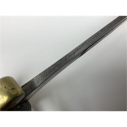 19th Century German (Saxony) Cavalry Sword, the 90.5cm single edge curved steel blade with narrow fuller to the back edge at each side, engraved with a crowned AR monogram and coat of arms, stamped with crowned AR, the back edge engraved C.v Keller im Solingen 1862, the brass half basket hilt with three flat curved bars, applied badge missing, marked G.R. 4, with ribbed leather covered grip and leather finger strap; in steel scabbard with two fixed suspension rings to one side and stamped G.R. II 118; L109.5cm overall