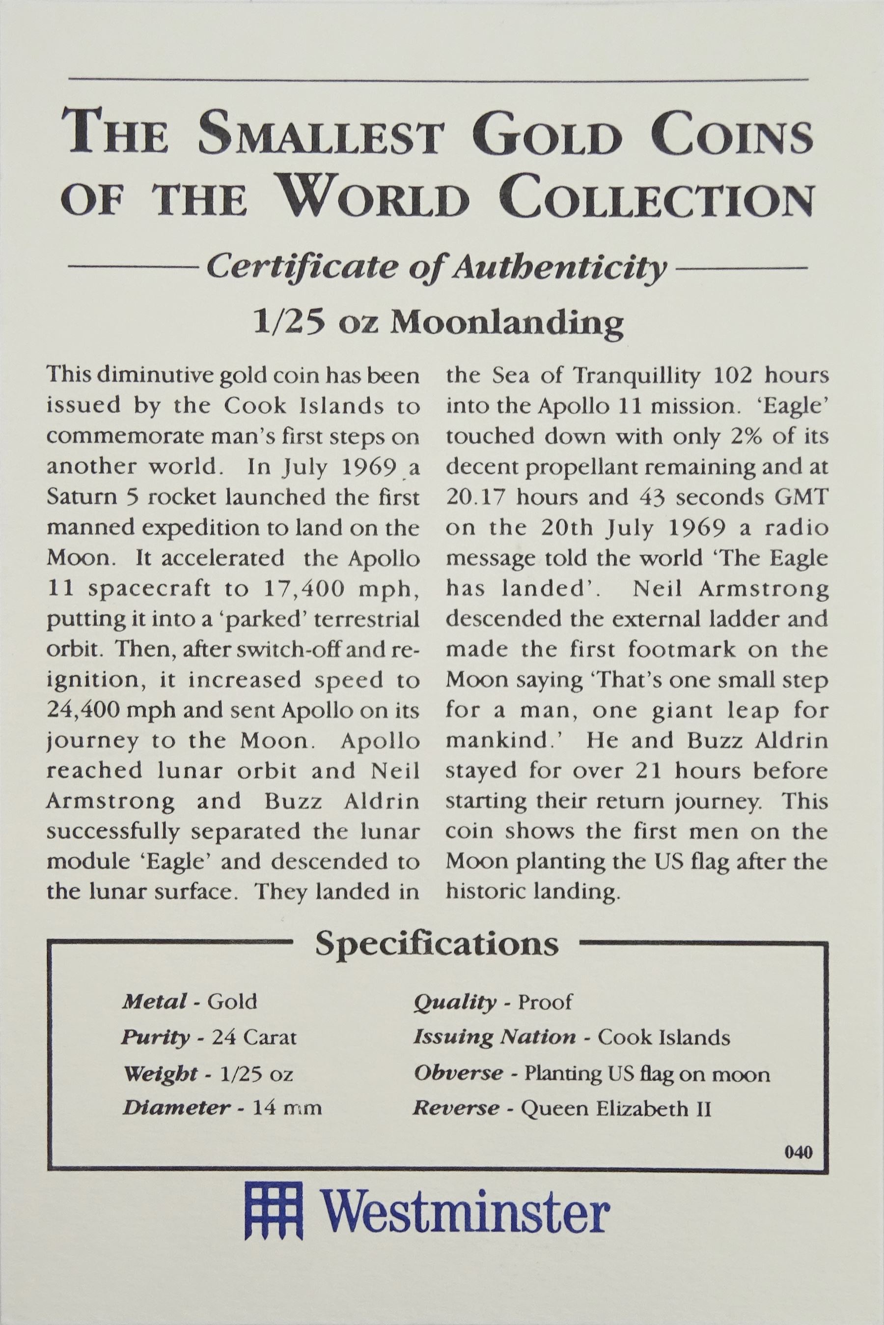 Queen Elizabeth II Cook Islands 1995 fine gold 1/25 ounce 'Moonlanding' coin from 'The Smallest Gold Coins of the World Collection', with certificate