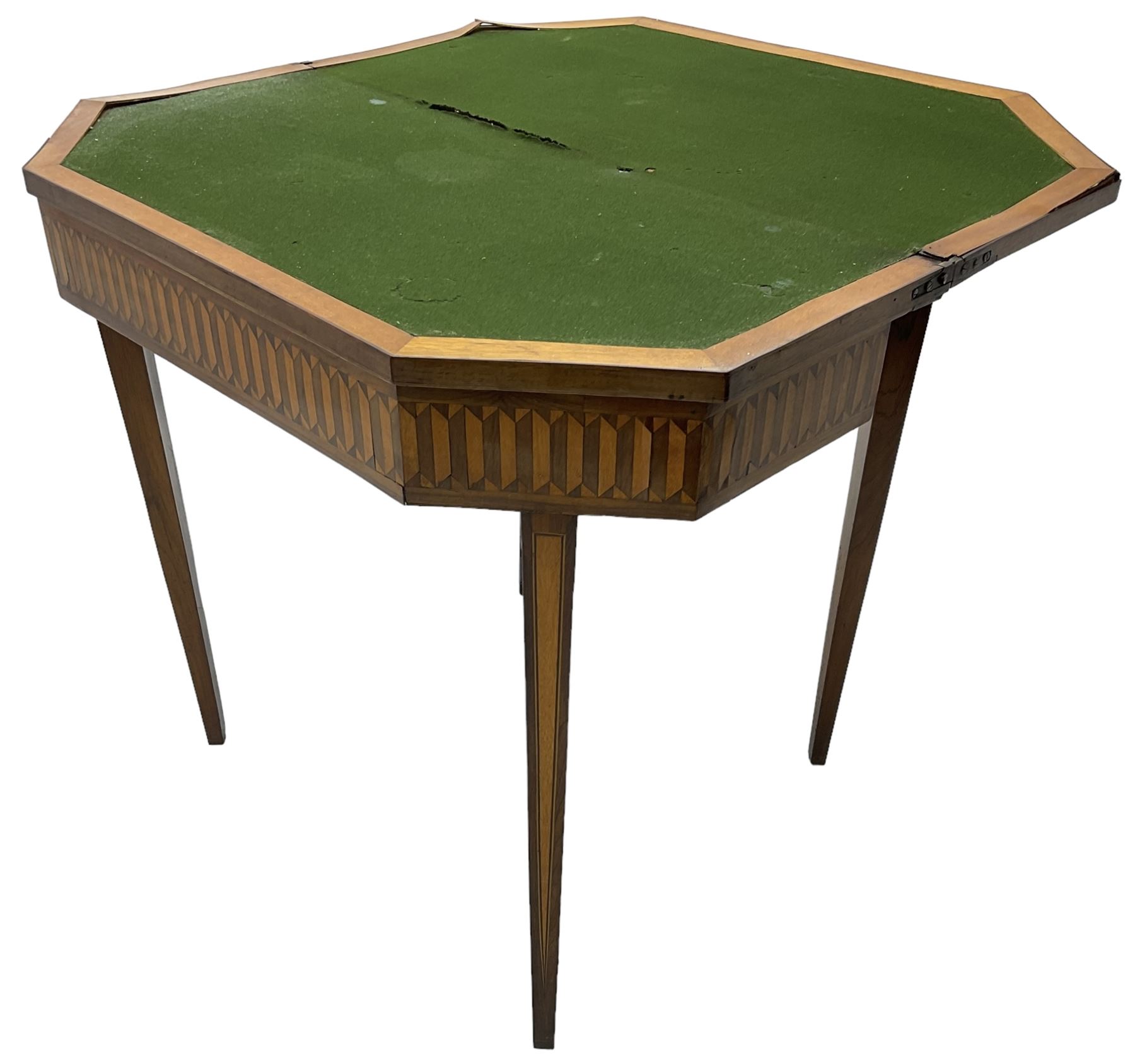 19th century inlaid mahogany card table, rectangular fold-over top with canted front corners, decorated with banded and strung edge with central inlaid fan motif, frieze decorated with geometric inlay, over a single action gate-leg base with square tapering supports