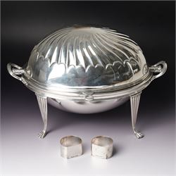 Silver plated chafing dish with revolving cover and a pair of silver napkin rings