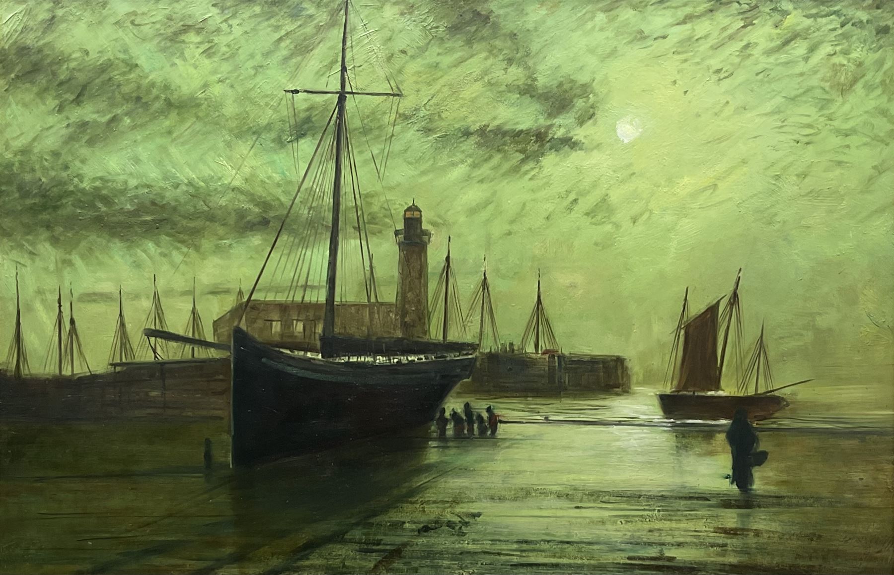 After John Atkinson Grimshaw (British 1836-1893): 'The Lighthouse at Scarborough 1877', 20th century oil on canvas unsigned 60cm x 90cm