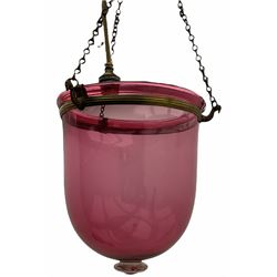 Late Victorian cranberry glass ceiling shade, with prunt detail to the terminal, and metal mount with zoomorphic supports, shade, H29cm