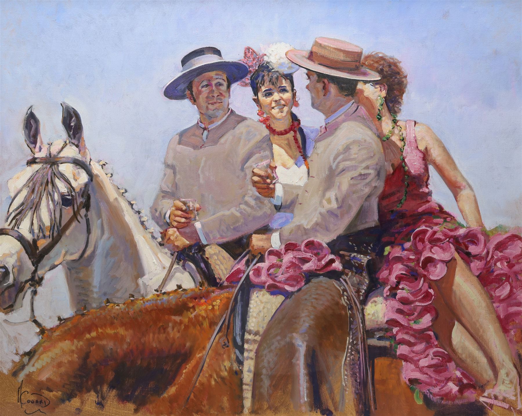 Malcolm Coward (British 1948-): Flamenco Dancers and Gauchos on Horseback, oil on canvas signed 59cm x 74cm