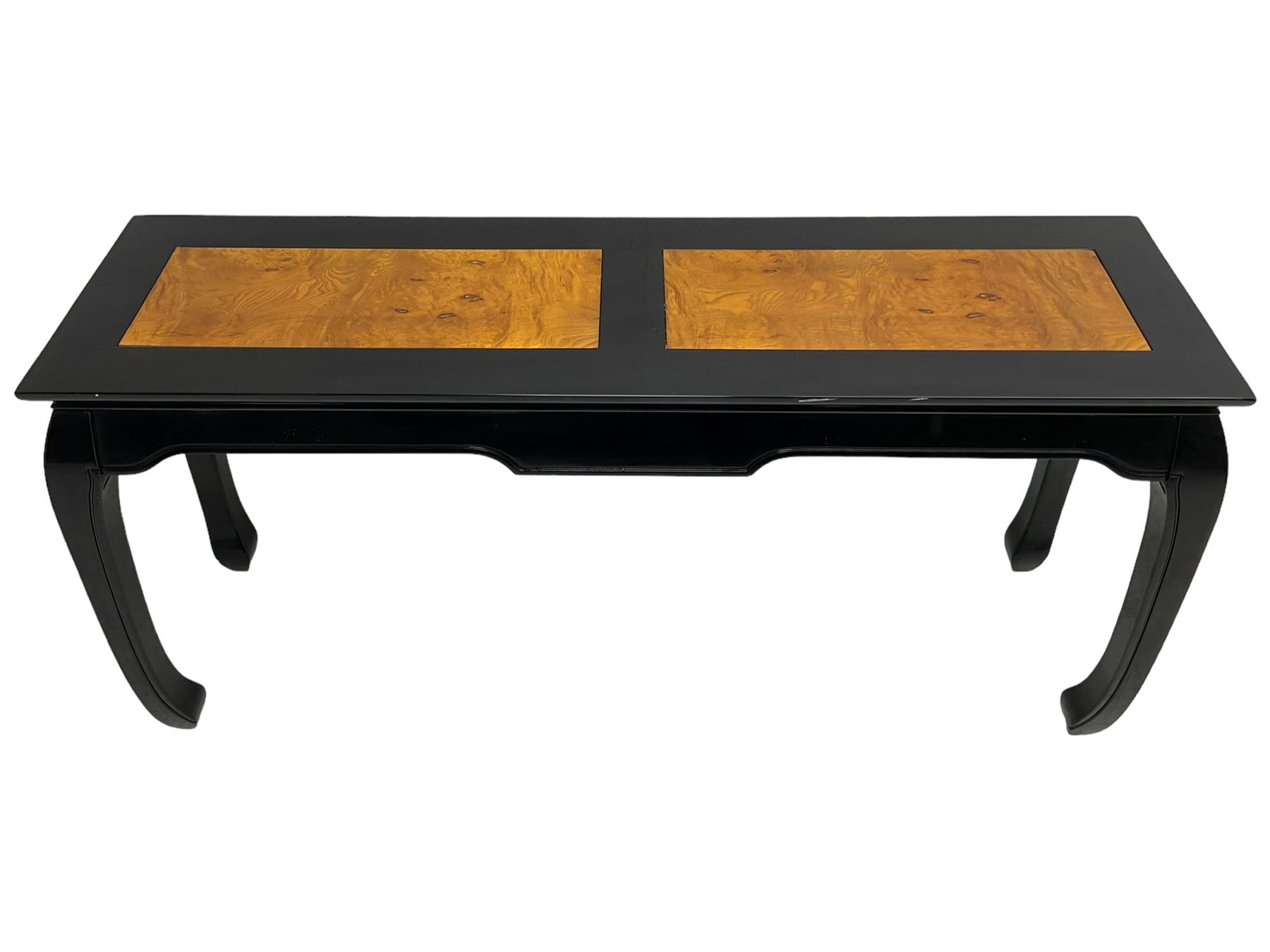 20th century Chinese ebonised lacquered console table, rectangular top with contrasting elm rectangular panels, shaped apron over curved supports
