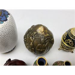 Chinese bronze peach of immortality and longevity, cloisonné vase of baluster form and three miniature cloisonné vases, six Netsuke modelled as monkeys, dragon etc
