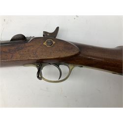 19th century Adams Patent Arms Company London (marked on top of action) .577 Snider action gun, the 94cm rifled barrel with ramrod under, the lock indistinctly inscribed 'Field 1860' (?), full walnut stock with three barrel bands, brass fittings and indistinct impressed mark, L140cm