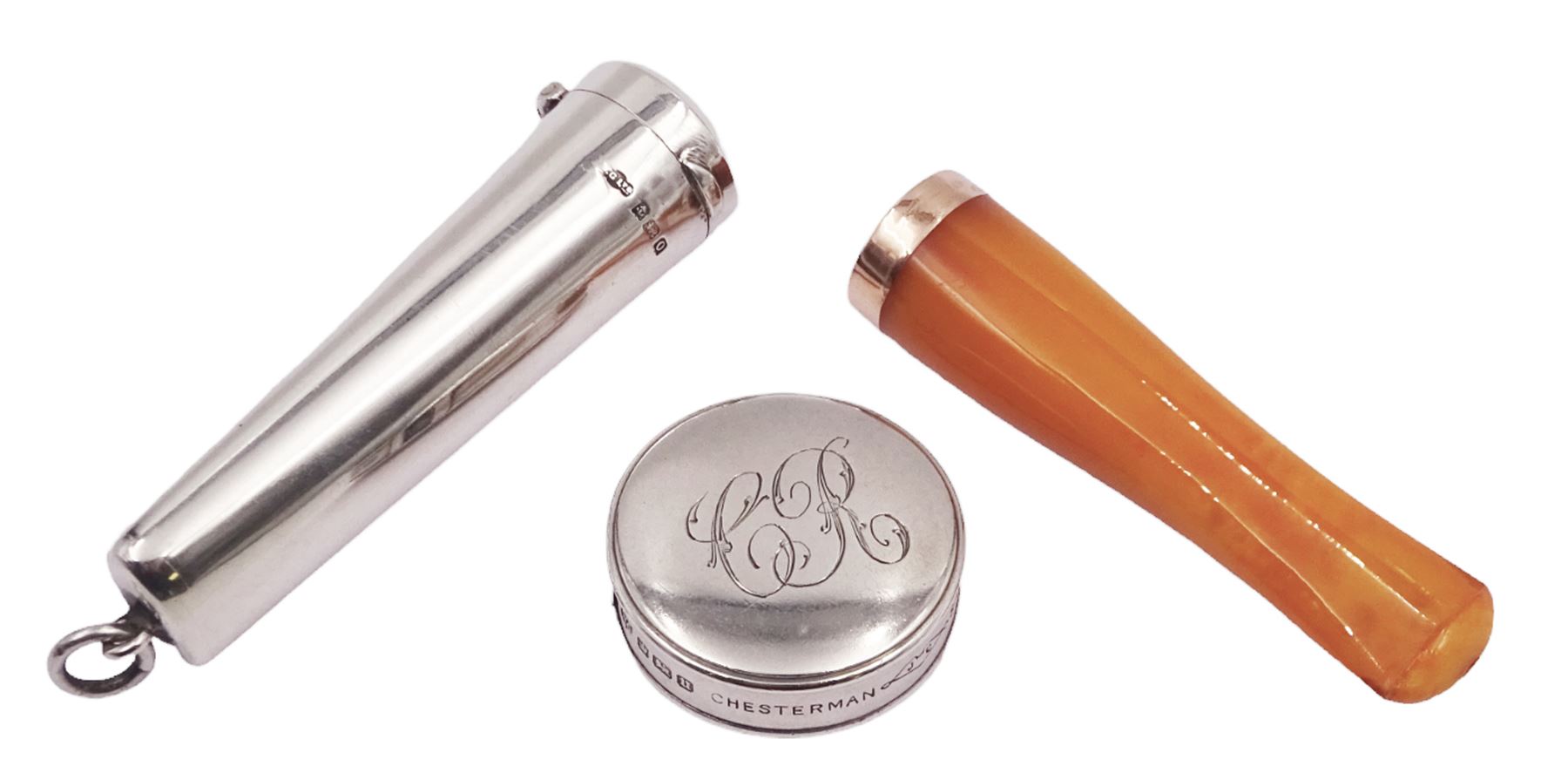 Early 20th century silver tape measure, of circular form, engraved with monogram, inscribed Chesterman Sheffield England to edge, hallmarked James Chesterman & Co, Sheffield 1912 together with a 1930s silver cheroot holder case, hallmarked Joseph Gloster Ltd, Birmingham 1938 containing a cheroot holder with hallmarked 9ct gold collar 