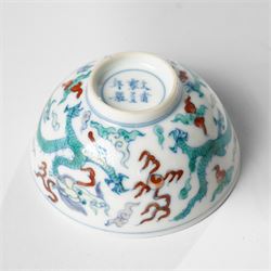 Chinese doucai wine cup, painted with a dragon, apocryphal six character Yongzheng mark to base, H3.5cm D7.5cm 