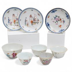 Group of eight 18th century and later Chinese famille rose and similar painted teabowls and dishes, to include unmarked peony cup, small cup decorated with flowers and butterfly, cup decorated with female figure gazing out of a window in a Buddhist temple with indistinct square character mark to base, pair of saucers unmarked, and others with character scenes unmarked (8)
