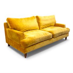 Sofa.com - 'Isla' three seat sofa, in velvet 'Amber' colour, loose cushions, dark stained ...