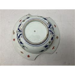 19th Century Imari pattern Japanese blood letting bowl, together with 19th century chinese blue and white square dish with decorated with blossoming flowers, together with thee blue and white saucers 