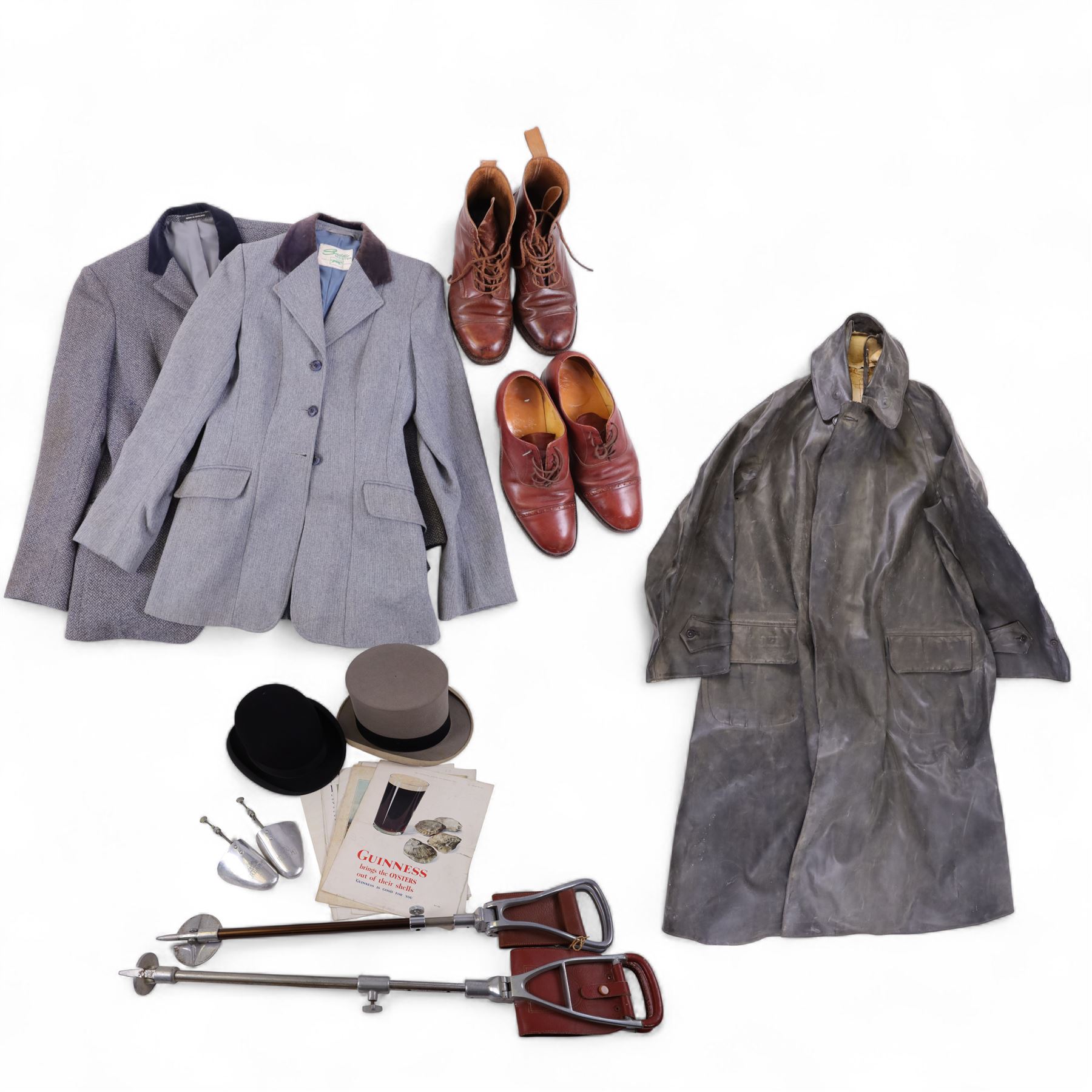Scott & Co top hat, together with  bowler hat, two shooting sticks, WWII rubber long coat, two riding show jackets and other collectable items 