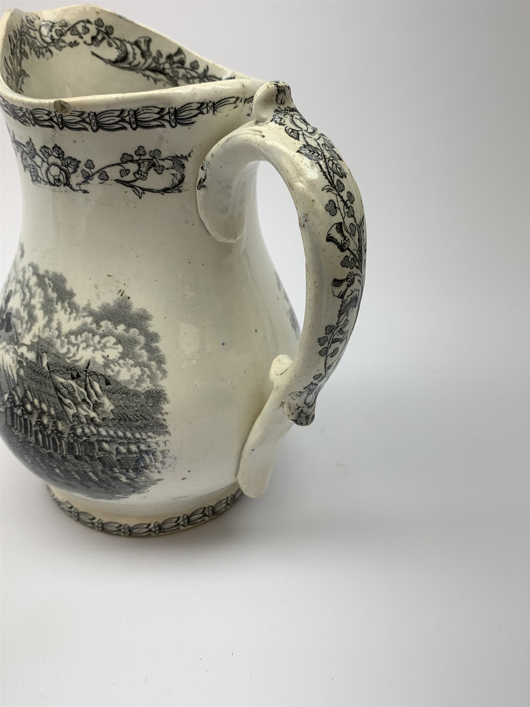 A 19th century Staffordshire pottery pearlware Crimea commemorative jug, black transfer printed with battle scenes, entitled Battle of Alma, Charge of the Highlanders, and Storming the Malakhofi, H18cm. 