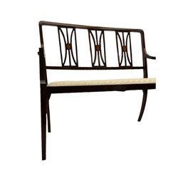 Edwardian inlaid mahogany two seat salon sofa, cream damask upholstered seat