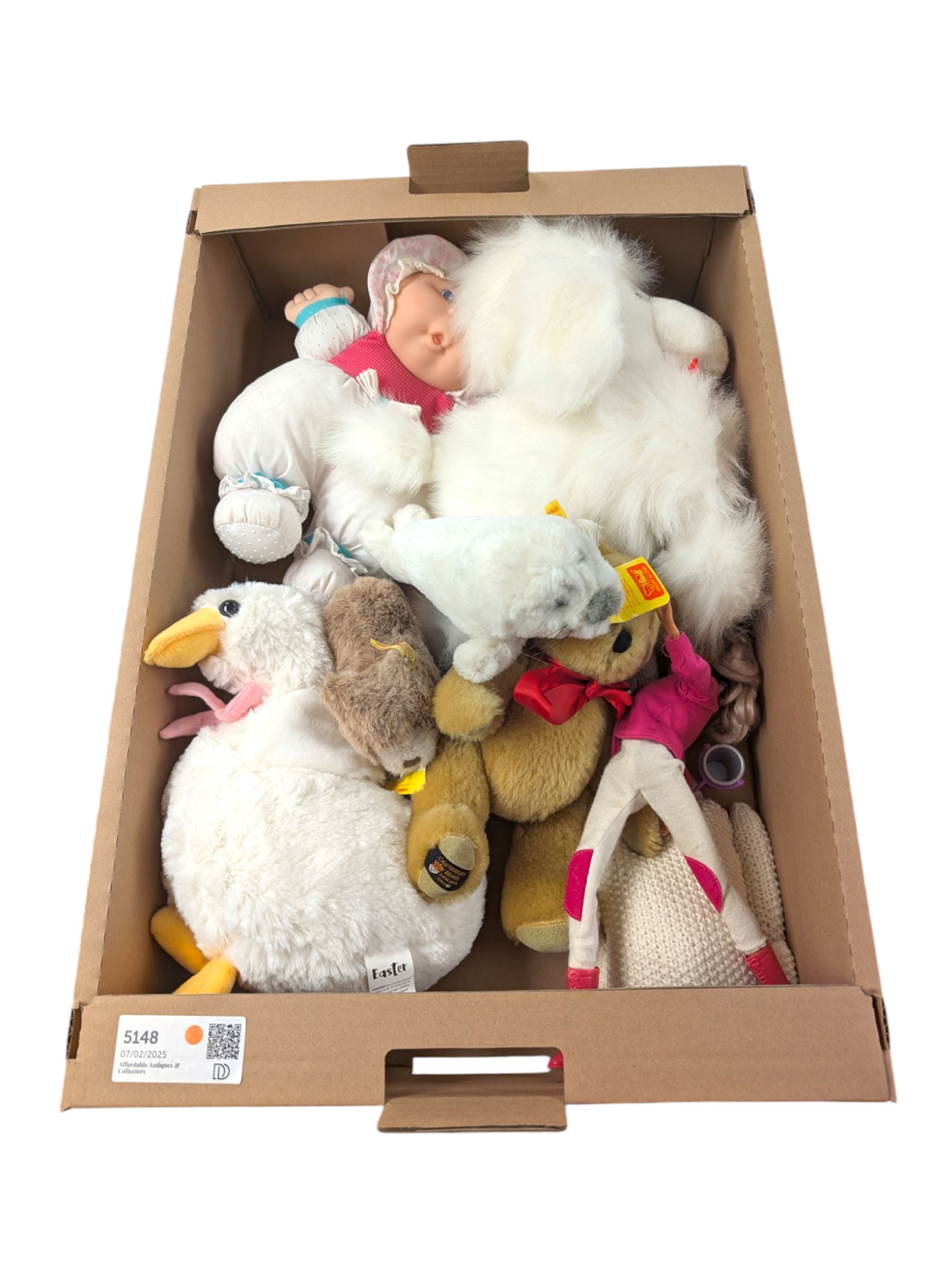 Steiff seal and a Steiff bear, Canterbury bear, Cabbage Patch doll and other soft toys