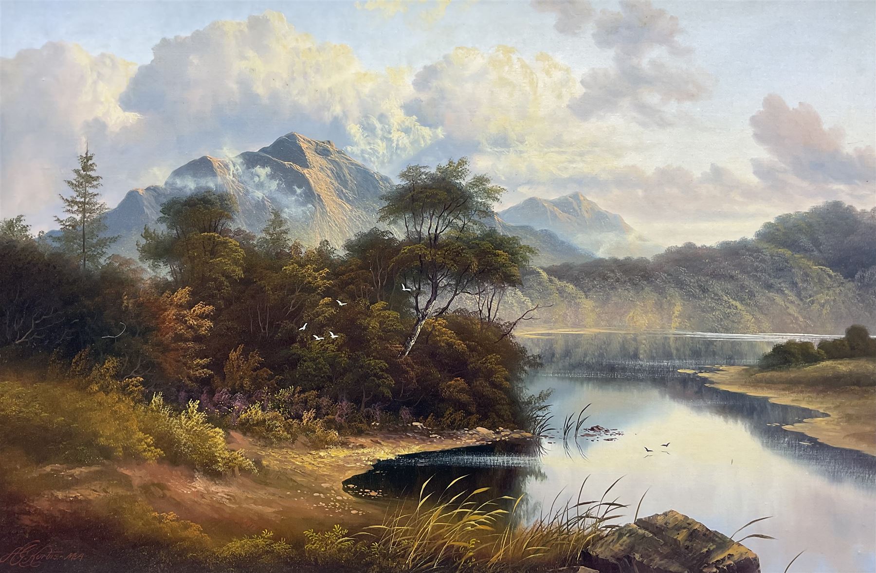 Andrew Grant Kurtis (British 1963-): Lakeside and Mountains, oil on canvas signed 49cm x 74cm; A Busch (British 20th Century): Cumbria, oil on canvas signed 49cm x 59cm (2)