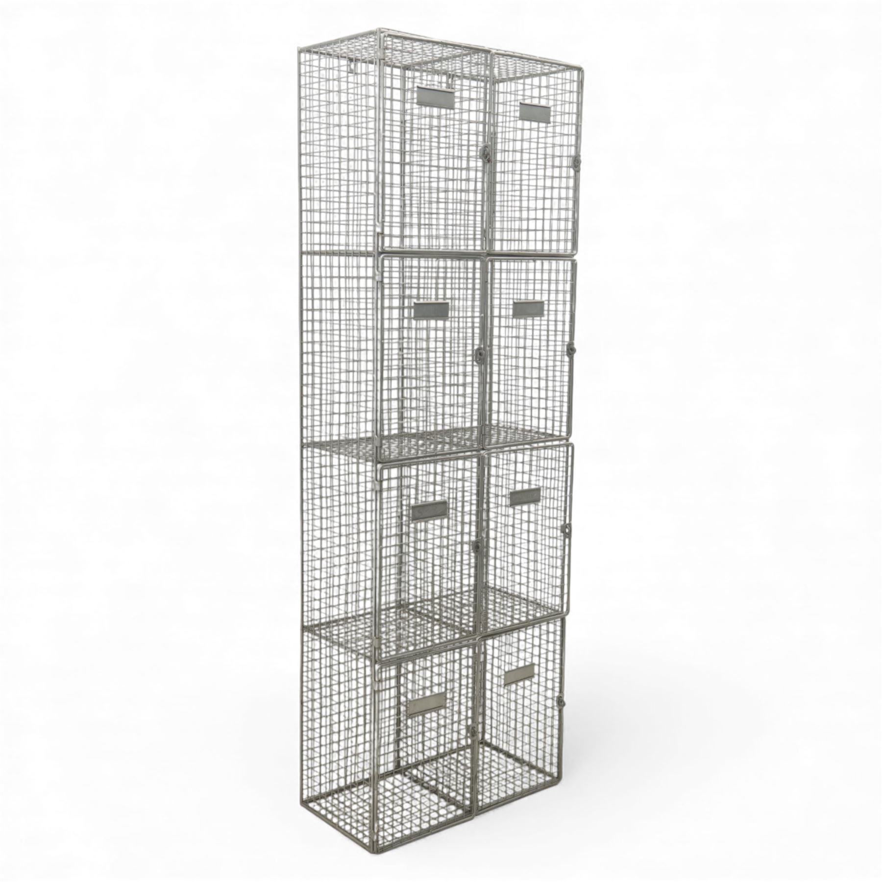Mid-20th century industrial wire mesh locker, comprising eight compartments with hinged doors and metal label plates, galvanised finish 