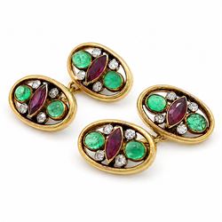 Pair of 18ct gold ruby, emerald and diamond cufflinks, each head openwork set with two ova...