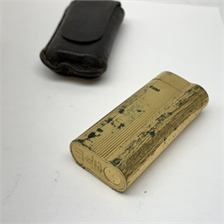 An Asprey silver plated hip flask, of rounded rectangular form with engine turned panel decoration to the front and back, the front panel with vacant rectangular cartouche to the upper left corner, H14.5cm, together with a gold plated Dunhill cigarette lighter with bark textured effect body, H6.5cm. 