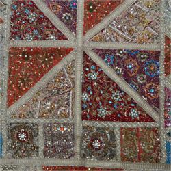 20th century Zardozi wall hanging, hand embroidered in gold thread and beadwork, in geometric platters H90cm, L142