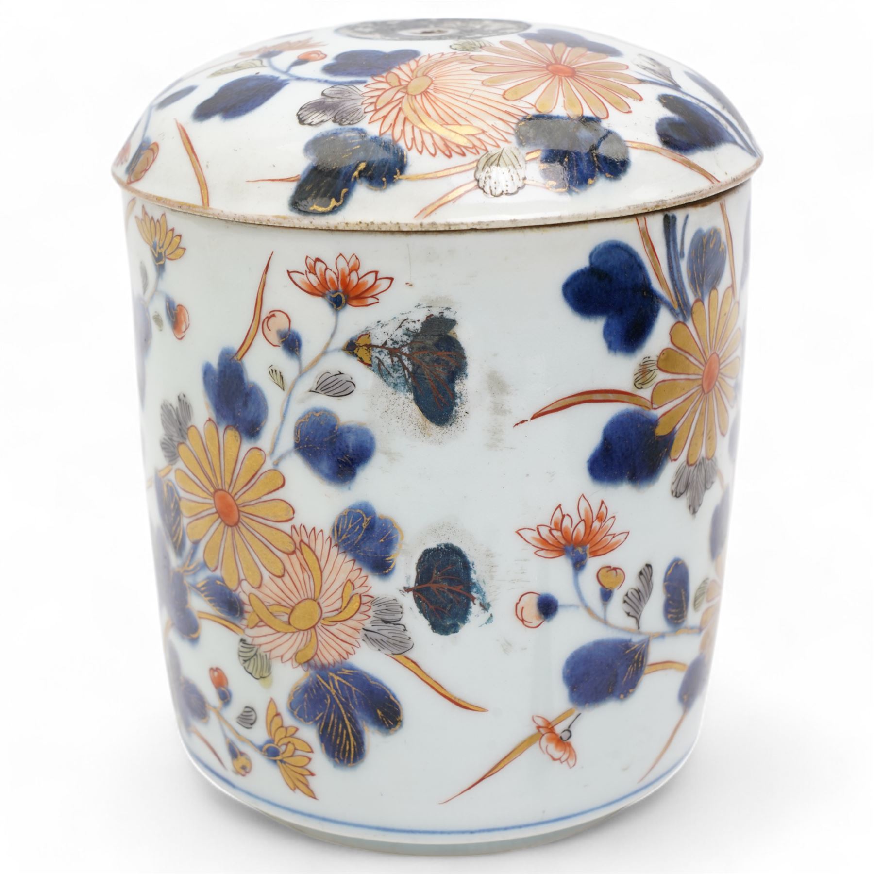 Japanese Edo period, 18th century porcelain jar and cover, decorated in the imari palette with branches of chrysanthemums, H18cm x D13.5cm 