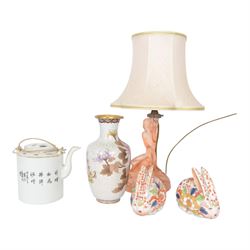 Walther and Sohne Art Deco peach glass table lamp base, pair of Imari rabbits and and a cl...