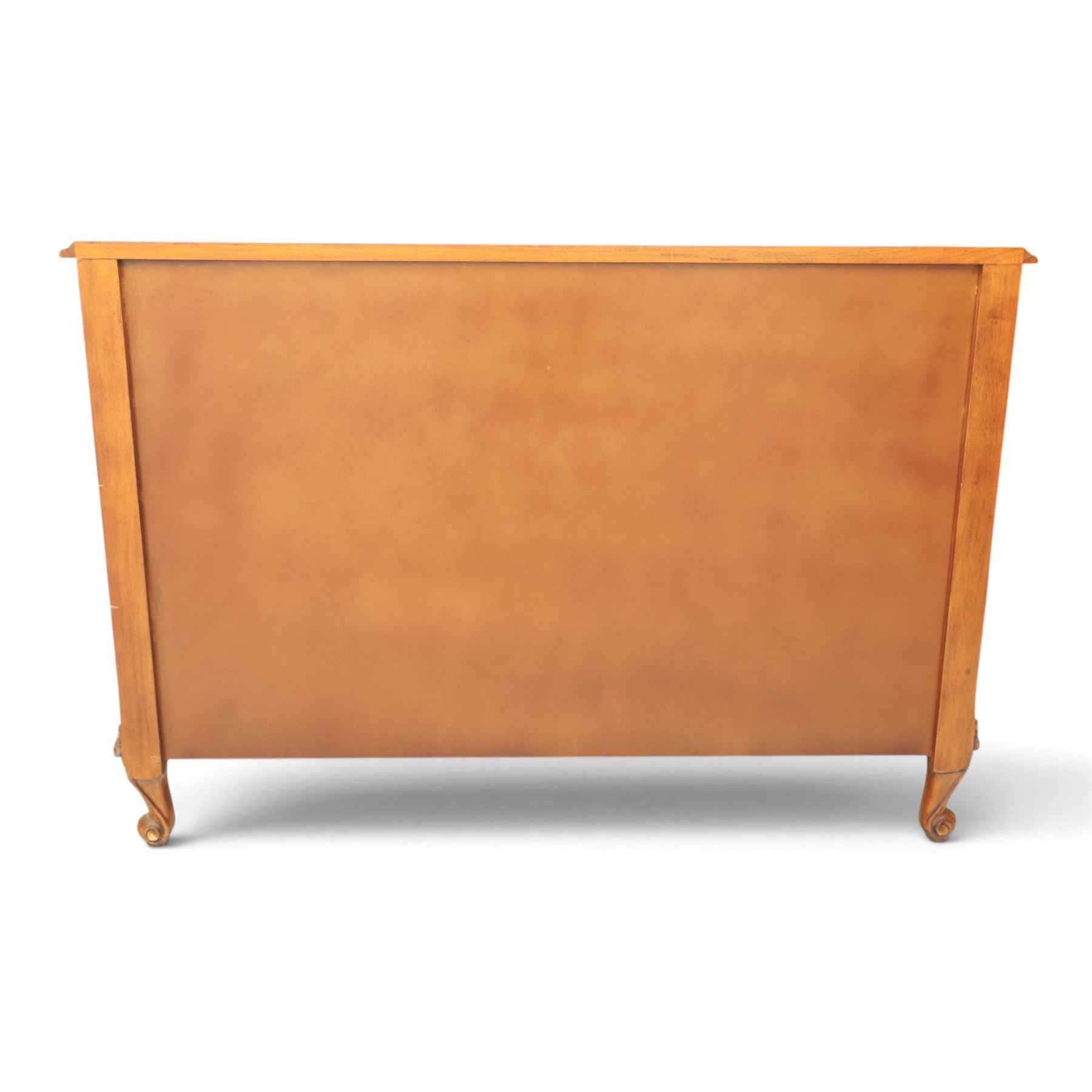 And So To Bed - 'Louis XV' large cherrywood chest, bowed shaped top above three long graduating drawers, blackened metal handles and escutcheons, raised on scrolled supports with carved foliate knees 