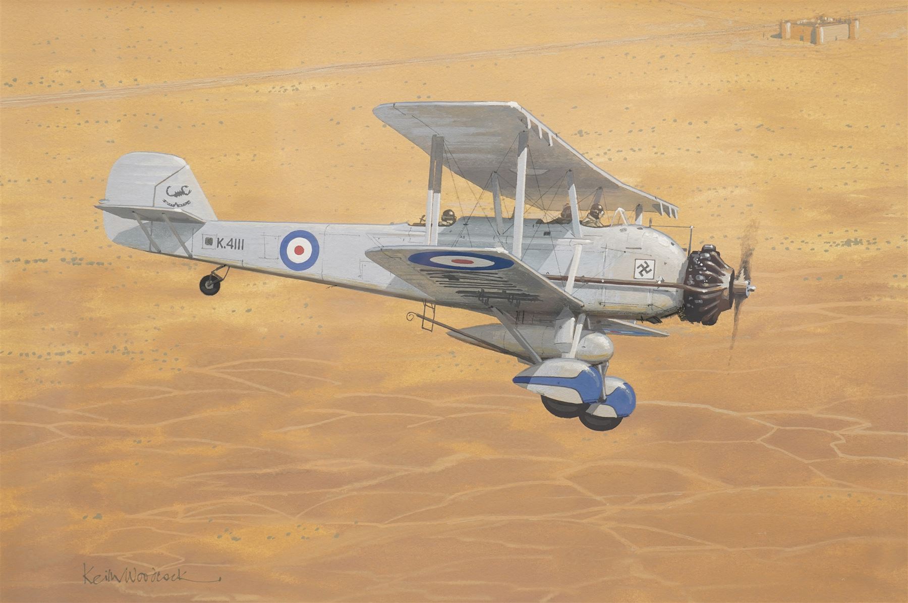 Keith Woodcock (British Contemporary): 'Vickers Vincent - at RAF Shaibah Iraq 1938', gouache signed, artist's labels verso 26cm x 38cm