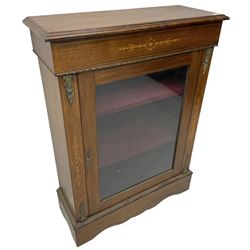 Victorian walnut pier cabinet, moulded rectangular top over inlaid frieze, decorated with gilt metal mounts and beading, the glazed single door flanked by inlaid uprights, on moulded plinth base