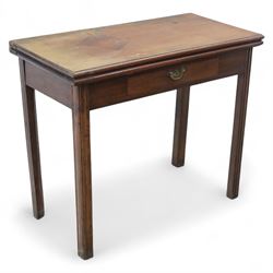 Georgian mahogany fold-over tea table, rectangular top with moulded edge over single friez...
