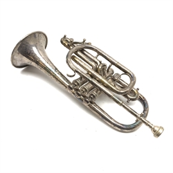 Hawkes & Son silver-plated cornet serial no.59103, with mouthpiece L38cm