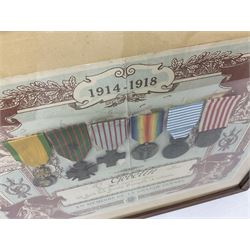 Six WW1 French medals comprising Valor Discipline 1870 3rd Republic Military Medal, Croix De Guerre with star, Croix Du Combattant, Medaille Inter-Alliee De La Victorie, Orient Medal and Medaille Commemorative De La Grande Guerre 1914-18; all with ribbons; mounted, framed and glazed with certificate named to Mr. Gebelin Herve Brigadier au 4th Chassrs. D'Afrique