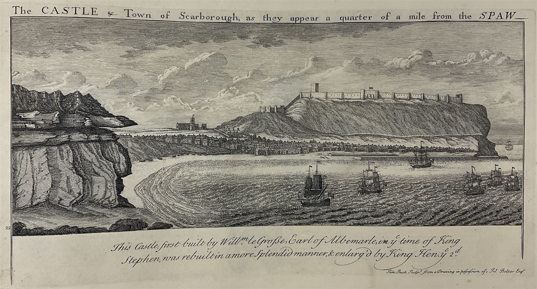 Samuel Buck: Ruins, Abbeys and Castles of Yorkshire. Bound collection of twenty-five engraved views dated 1720 - 1728 including Burstal Abbey Hull, Bolton Abbey, Whitby Abbey, Scarborough Castle, Malton Priory etc and list of subscribers; oblong folio; mottled half leather and suede binding by Etherington, Thorpe & Co., Pudsey