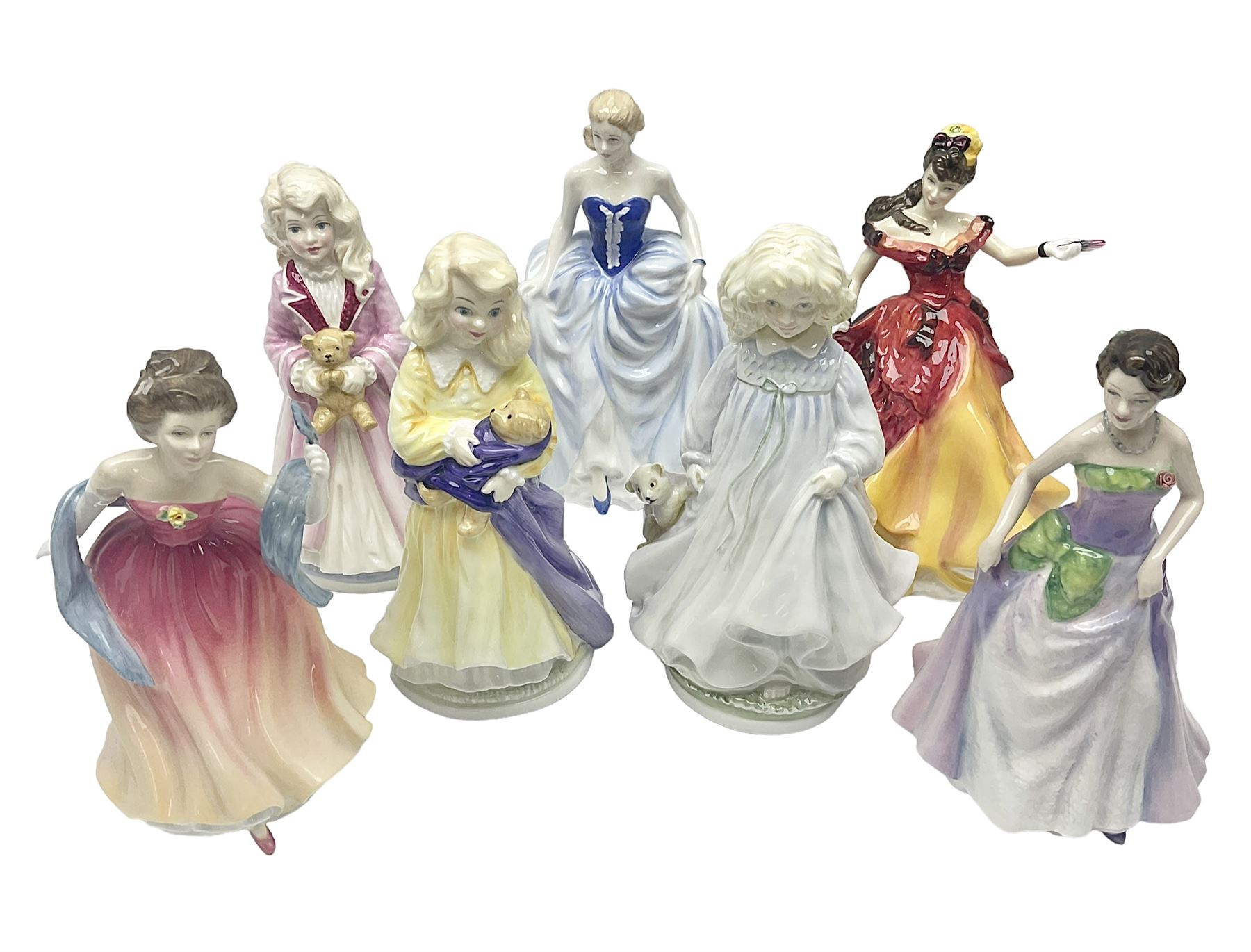 Seven Royal Doulton figures, to include Charity HN3087, Faith HN3082, Hope HN3061, Belle HN3703, etc, all with printed marks beneath